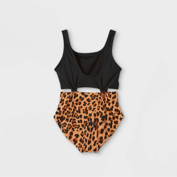 Girls black and tan leopard cut out one piece bathing suit size Large (10-12) - Picture 2 of 8